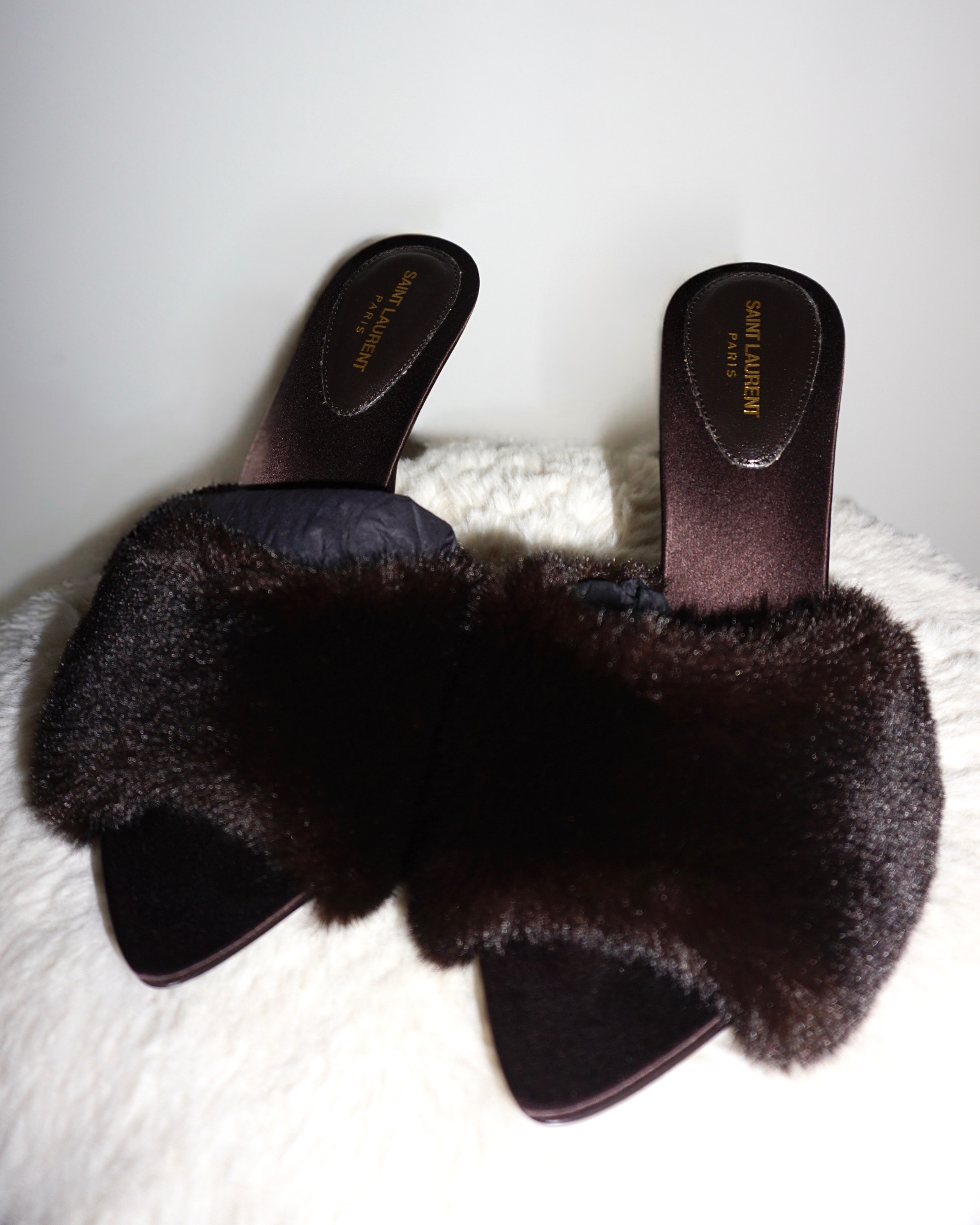 Saint Laurent Rich Brown 'LA 16' Fur Mules