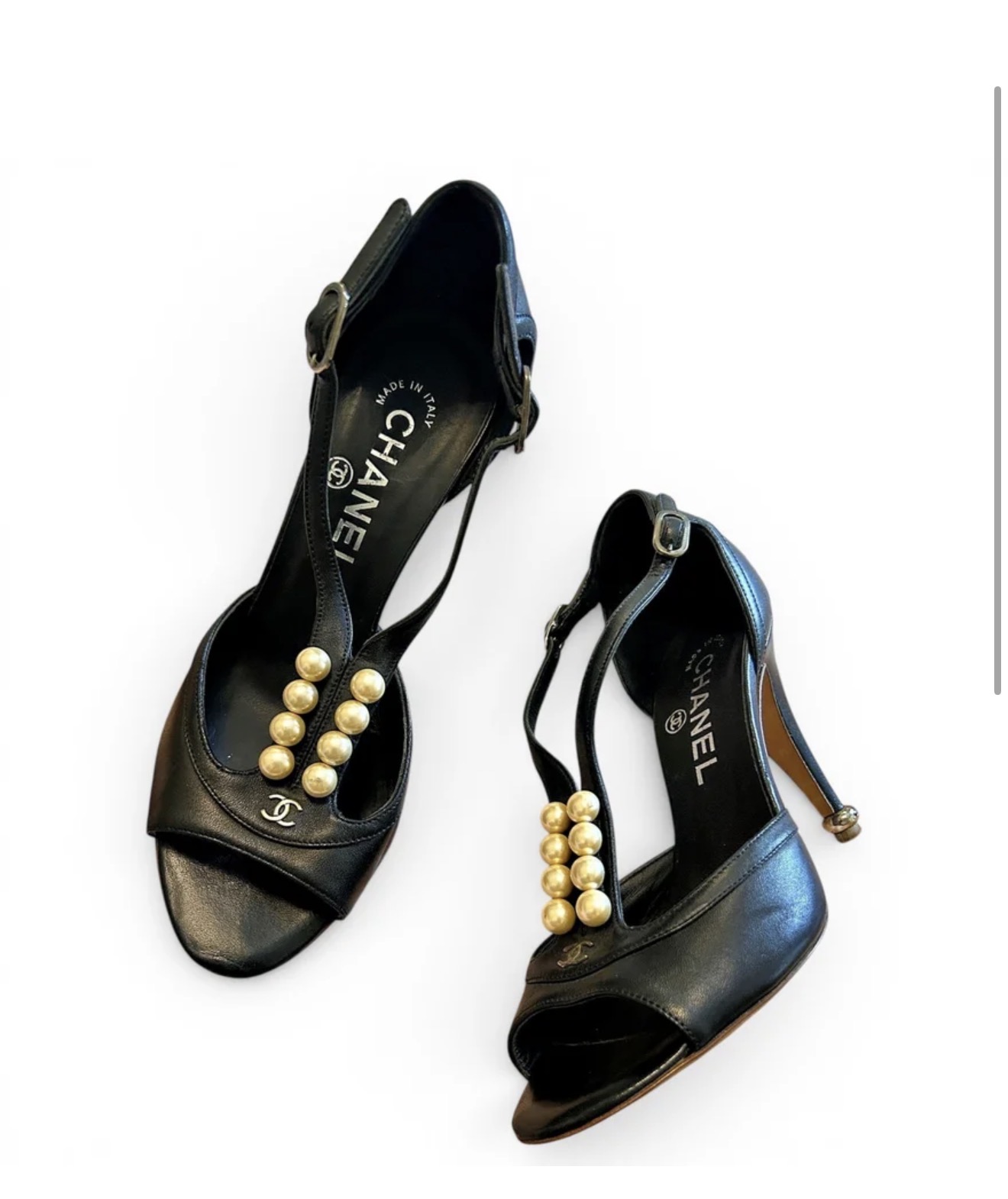 Chanel Black Leather Slingback Heels with Pearl Detail